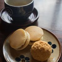 Azuki bean dorayaki and ohagi with soy matcha latte. at Miyabichaya in Okinawa