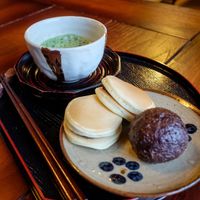 Vegan dorayaki and red bean rice ball at Miyabichaya in Okinawa
