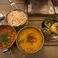 Tea chickpeas , Dahl, rice, yoghurt chaat  at Mowgli - Water St in Liverpool