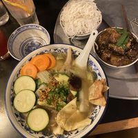 Wonton soup, aubergine side dish, extra noodles  at 1990 Vegan Living in Berlin
