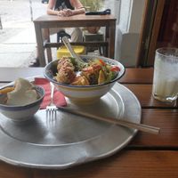 I was too hungry I almost forgot to take a pic! These are the first item in the menu, the bao taco, the Udon bowl and the pineapple with coconut milk drink, Thom Dua :) at 1990 Vegan Living in Berlin