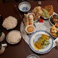 Summer rolls, rice crispy tofu, won tons w/ guacamole, aubergine, veg bowl, shaolin pockets at 1990 Vegan Living in Berlin