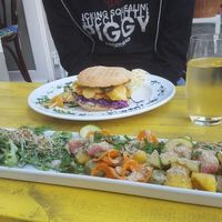 gnocchi and burger  at 1990 Vegan Living in Berlin