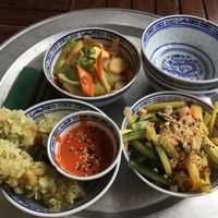 cripy tofu, mango salad, caramelised pears at 1990 Vegan Living in Berlin