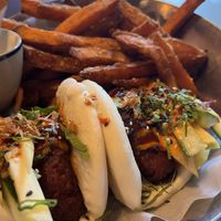 Sweet potato fries and bun burger   at 1990 Vegan Living in Berlin