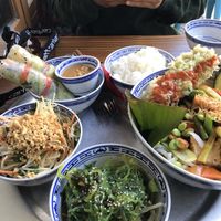 Papaya salad, spring rolls w/ peanut hoisin sauce, rice, vegan bowl, wakame salad  at 1990 Vegan Living in Berlin