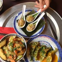 The pear dish is huge compared to the others (wasabi tempura balls and dumplings in mango sauce) at 1990 Vegan Living in Berlin