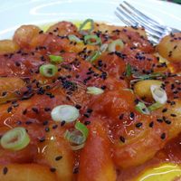 Kimchi gnocchi (two kinds - glutinous rice and Italian potato) at Vegan Yes - Nag's Head Market in North London