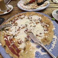 Vegan fakon, mushroom and vegan cheese, Mrs had something sweet with banana nuts and vegan chocolate.  at Double Dutch Pancake House in York