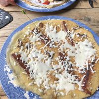 breakfast pancake with facon mushrooms and vegan cheese  at Double Dutch Pancake House in York