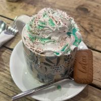 Seasonal pistachio hot chocolate   at Double Dutch Pancake House in York