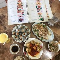 Veggie rolls, banana flower salad and tofu in tomato sauce!  at An Lac in Ninh Binh