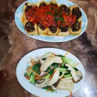 Mushroom stuffed tofu & season veggies at An Lac in Ninh Binh