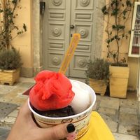 Dark chocolate, vanilla chocolate and watermelon  at Bohotis Gelateria Patisserie in Corfu