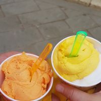 mandarin and mango sorbets at Bohotis Gelateria Patisserie in Corfu