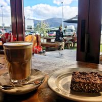 Latte with salt caramel flavour and chocolate crumble at Sandfly Cafe in Te Anau