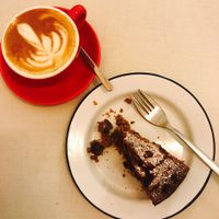  Vegan earl grey cake and oat latte  at Fig and Sparrow in Manchester