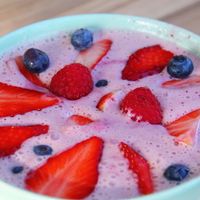 Smoothie bowl with berries and almond milk.  at Organic Cafe in Fuengirola