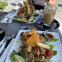 vegan pulled pork mexican special and iced latte with oat milk  at Kaffabar in Brussels