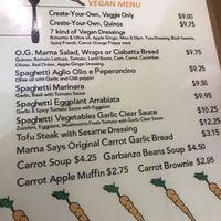 Vegan menu at Mama Says in Torrance