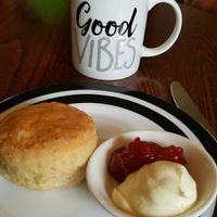 vegan scone, jam and cream at Veggie Vibez in Ashton Under Lyne