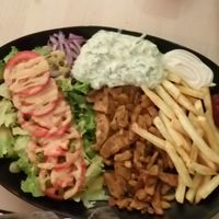 Vegagyros-Teller mit Zaziki und luftfrittierten Pommes at Veganel in Nuremberg