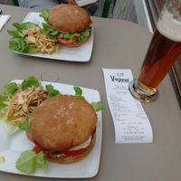 Veggie burger and red bean/seitan burger at Veganel in Nuremberg