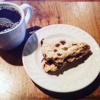 Raisin, cranberry scone and coffee with soy  at Hideaway Bakery in Eugene