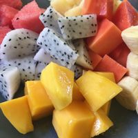 Fruit platter: mango, banana, dragon fruit, watermelon, pineapple  at Sawasdee in Koh Chang Ranong