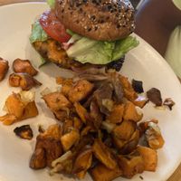Vegan Double Cheeseburger  with sweet potato hash at True Food Kitchen in Fairfax