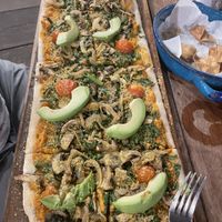 Flatbread / pizza with hummus instead of cheese    at La Playita in Bacalar