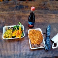 Steamed and fermented veggies, brown rice, and malaysian curry at Vantra Eden in West London