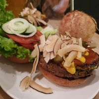 Tropical burger (coconut bacon burger with a fat slice of pineapple. SOO AMAZING) at Luv Burger in Nosara