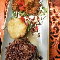 The Ying and yang, banana blueberry pancakes and corn fritter tacos done gft at Komuniti in Long Jetty