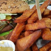 yummy veggie burger with sweet potato fries!  at Chic Planete in Avignon