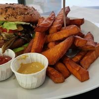 burger with sweet potato fries  at Chic Planete in Avignon