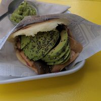 Areppa with avocado and vegan sausage. at Aqui y Ahora  in Lanzarote