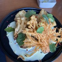 Tempura mixed mushrooms, jalapeño foam  at Raiz in Porto