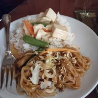 Panang Red Curry with Tofu, Jasmine Rice, and Pad Thai with Mock Duck at Thai Talay in Pismo Beach