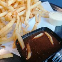 Vegan stoofvlees saus, frietjes en veganaise at Frituur De Papegaai in Ghent