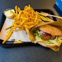 Vegan Cheeseburger and Small Fries with Vegan Mayo at Frituur De Papegaai at Frituur De Papegaai in Ghent