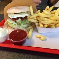Chili Burger with fries  at Frituur De Papegaai in Ghent