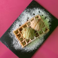 Vegan waffle with pistachio and hazelnut gelato 🤍 at Gelatomania in Gran Canaria