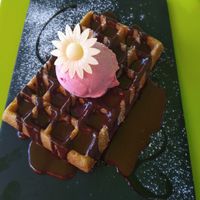 Gofre vegano y sin gluten con sorbete de fresa/frambuesa y sirope de chocolate at Gelatomania in Gran Canaria