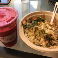 Pink paradise juice (it's not cold but it's good!)  at Delicious Raw Kitchen and Juice Bar - maybe close in Estero