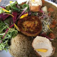 Platte mit Linsencurry, Quinoa, Salat, Patty und Humus.  at Les Maraichers in Brest