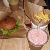 Burger, fries, and shake at Moomoo Burger & Smoothie in Busan