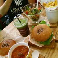 tomato soup, moomoo salad, fries, soy broth burger and tomato cheese burger  at Moomoo Burger & Smoothie in Busan