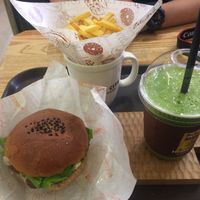 soy burger with fries and a smootie  at Moomoo Burger & Smoothie in Busan