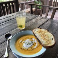 Ginger-miso soup, homemade sourdough bread and a honey-lime lemonade 😍  at Little Good Things in Mae Hong Son